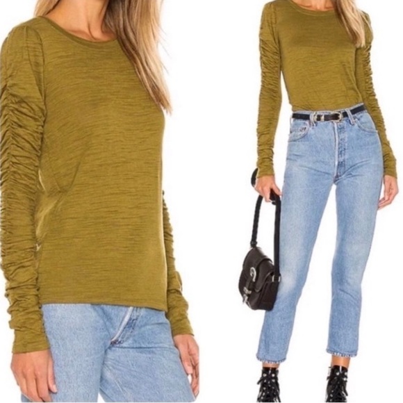 House Of Harlow 1960 Burnout Ruched Long Sleeve Tee Top Bronze Olive Medium Fall - Picture 2 of 10
